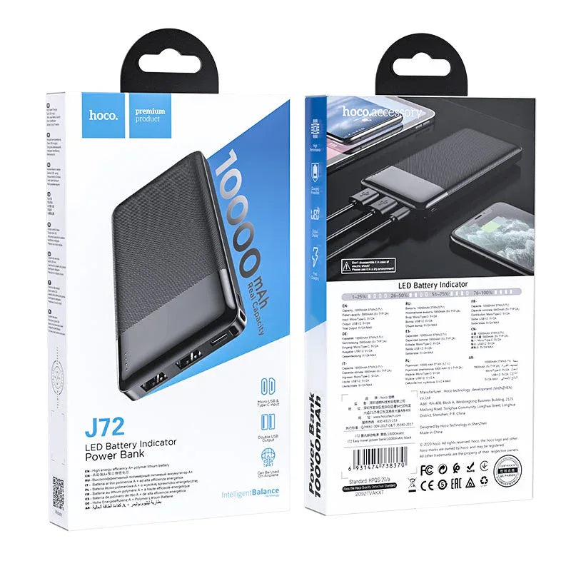 Power Bank HOCO J72 Easy Travel 10000mAh - noir - 2 emballages de dos et de face